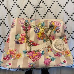 Betsey Johnson Pink & Cream Floral Stripe Tote with Gold Chain Handles